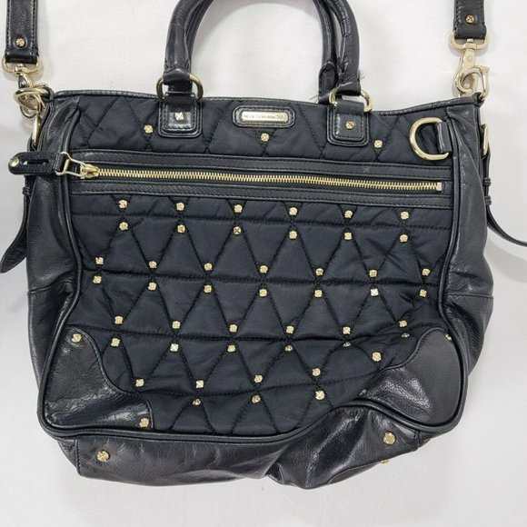 Rebecca Minkhoff Large Black Leather & Fabric Purse Bag Gold tone screw studs - Picture 5 of 16